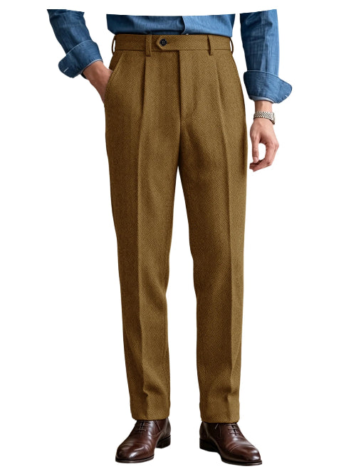 Golden brown herringbone pleated suit trousers shown on a white background