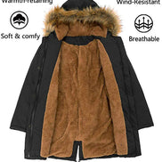 A black winter parka coat with a brown sherpa fleece lining and a brown faux-fur trimmed hood, shown on a white background 