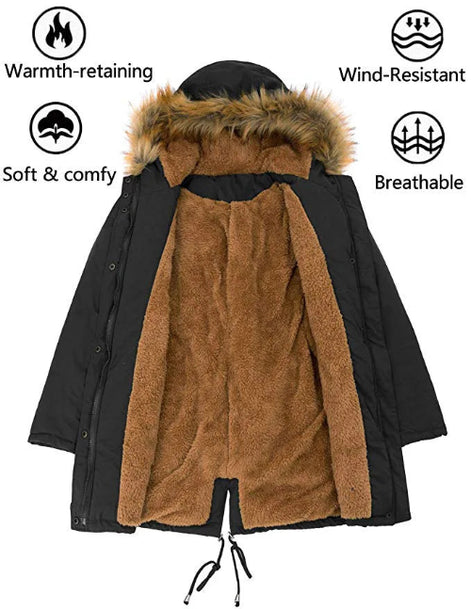 A black winter parka coat with a brown sherpa fleece lining and a brown faux-fur trimmed hood, shown on a white background 