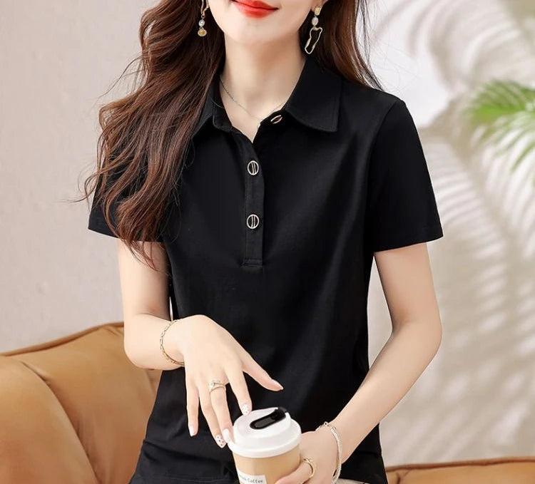 Button T-shirts Summer Outfit Black Women's Polo Short Sleeve Plain in Trend 2025 Korean Popular Clothes Original New Female Tee