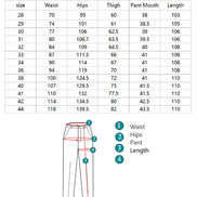 Jeans size chart for sizes 28 through 44, showing waist, hip, thigh, leg-opening, and length measurements with a pants measuring diagram.