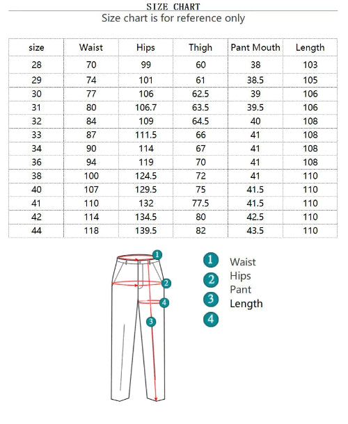 Jeans size chart for sizes 28 through 44, showing waist, hip, thigh, leg-opening, and length measurements with a pants measuring diagram.