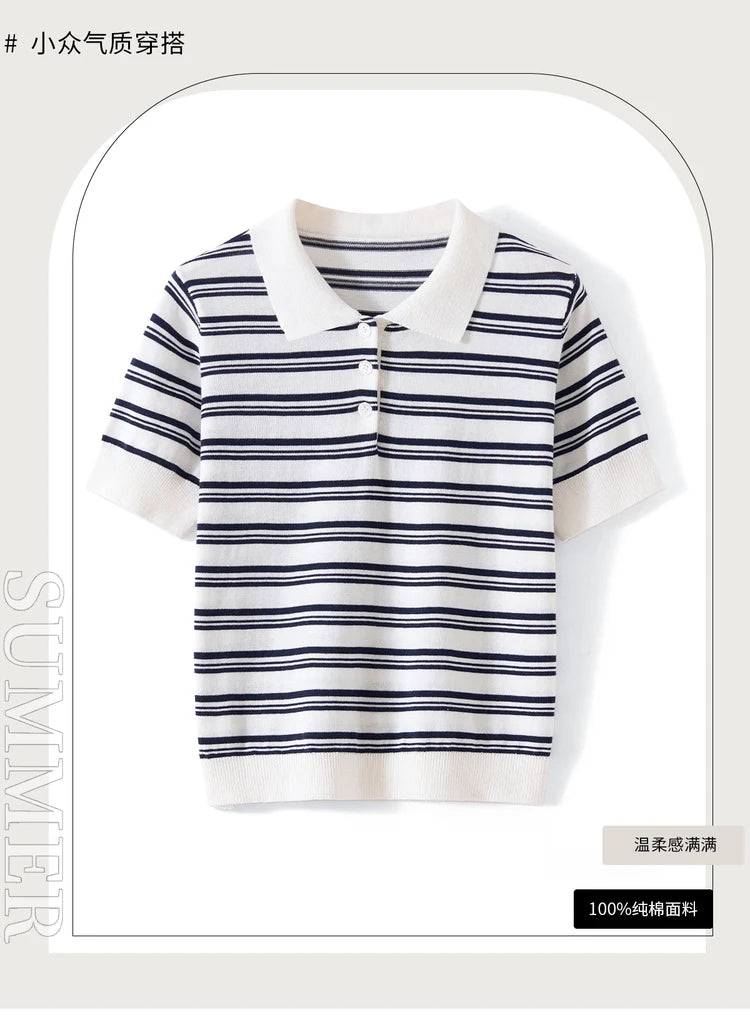 WinvyNee Summer Women's Pure Cotton Sweaters Polo T-Shirts White Half Sleeve Striped Tees Y2k Outerwears Pullover Tops ZA1523012