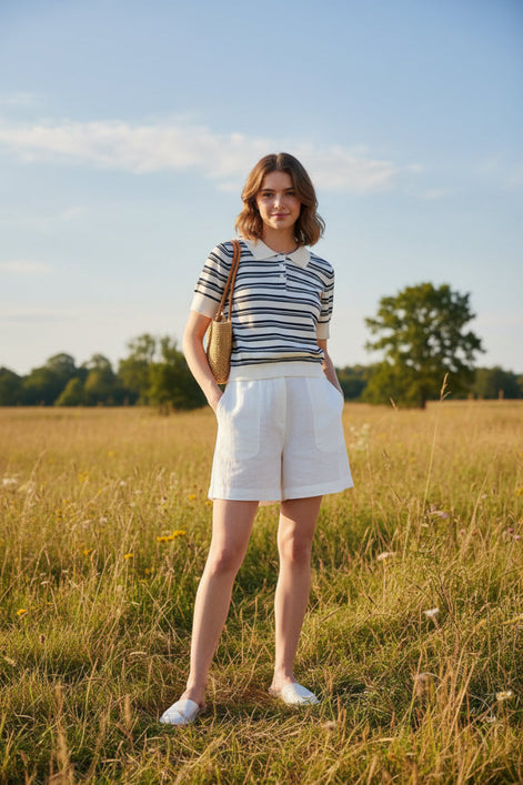 A short-sleeve polo shirt with horizontal navy and white stripes, featuring a solid white collar and three-button placket, displayed on a clean white background with decorative text overlays.