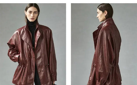 Front and side views of a woman wearing a reddish-brown faux leather jacket with layered collars and a gathered waist