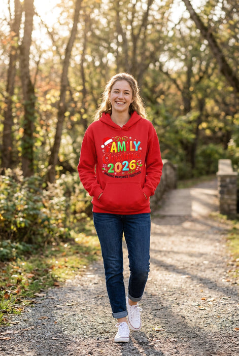 A bright red pullover hoodie laid flat on a dark textured surface, featuring a colorful 'Family Christmas 2026' graphic with a Santa hat and floral accents. 