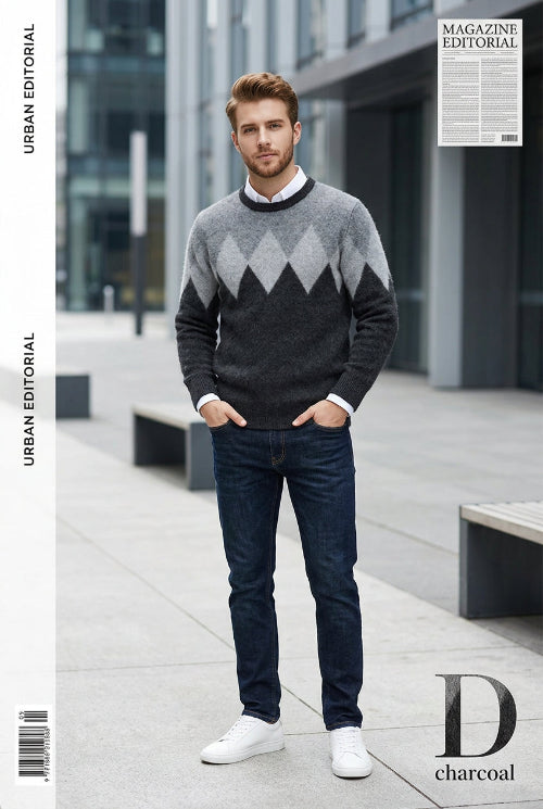 A men's long-sleeve knit sweater with a gray and black argyle pattern, layered over a white collared shirt, 