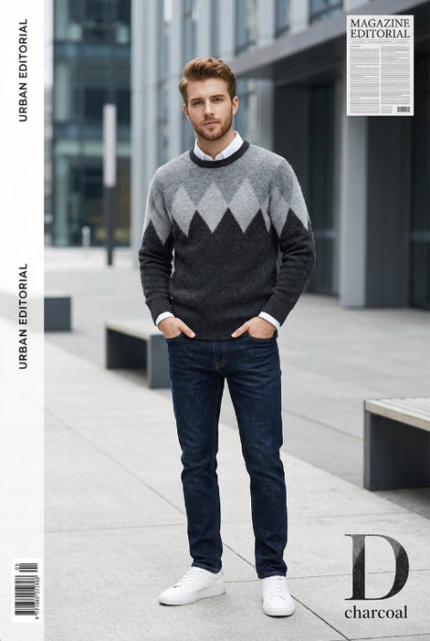 A men's long-sleeve knit sweater with a gray and black argyle pattern, layered over a white collared shirt, 