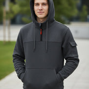 Gray hoodie with a red zipper on a white background
