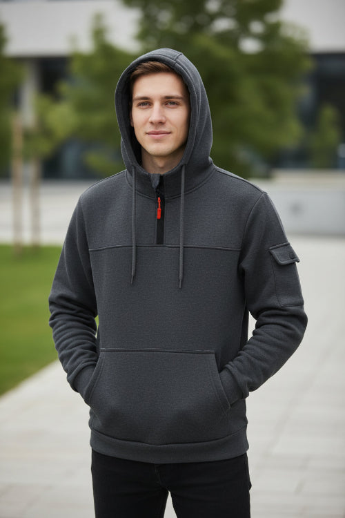 Gray hoodie with a red zipper on a white background