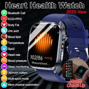 Heart health watch with features listed on a dark background