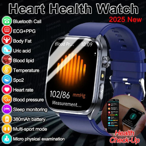Heart health watch with features listed on a dark background