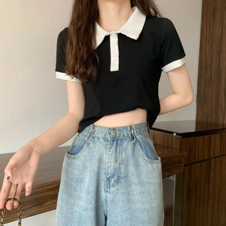 Summer 2026 Women New Arrival Slim Fit Versatile Polo Collar Color Block Short T Shirt Short Sleeve Unique Top Ins Trendy