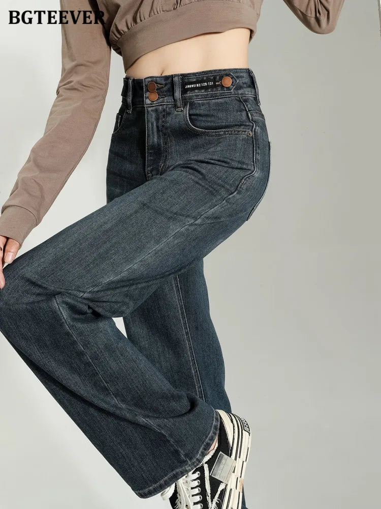 BGTEEVER Vintage Double Buttons Straight Jeans Pants Women Spring Autumn High Waist Loose Pockets Female Wide Leg Denim Trousers