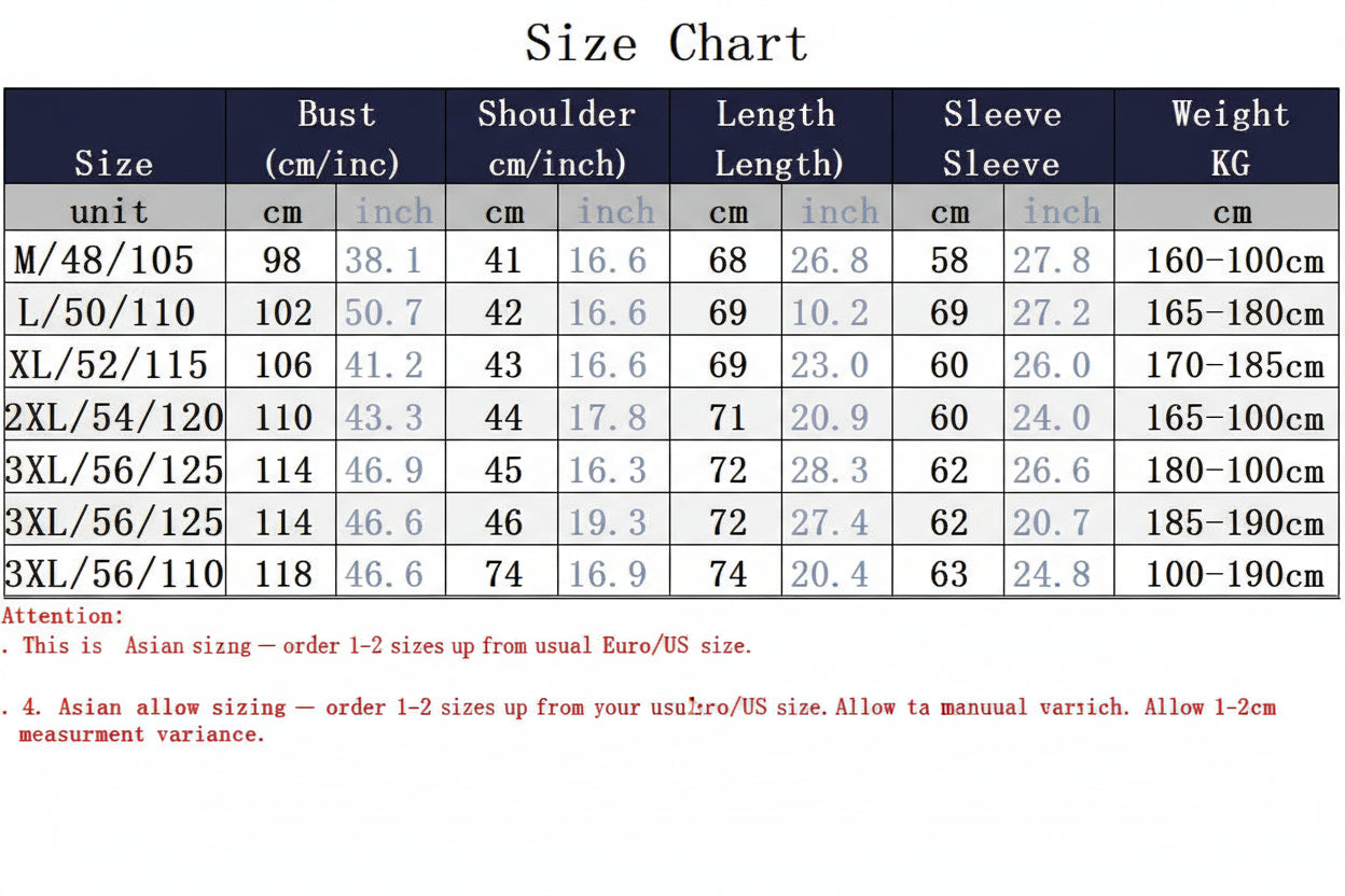Asian size chart for clothing with measurements in centimeters and inches.