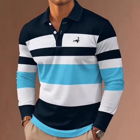 Long-sleeve polo shirt with blue and white stripes on a brown background