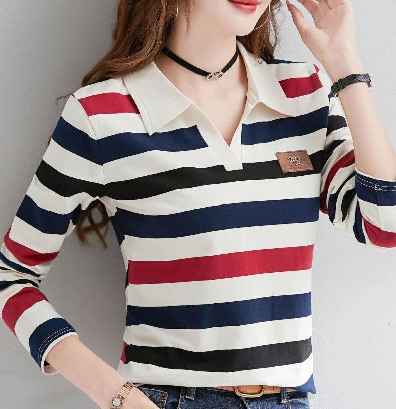 Slimming Striped Polo T-Shirt for Women 100% Cotton Long Sleeve Innerwear for 2026 Transitional Wardrobe