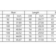 A size chart table showing measurements for sizes XS through 3XL, with columns for Bust, Length, and Sleeve in both centimeters and inches.
