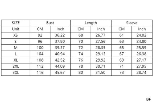 A size chart table showing measurements for sizes XS through 3XL, with columns for Bust, Length, and Sleeve in both centimeters and inches.