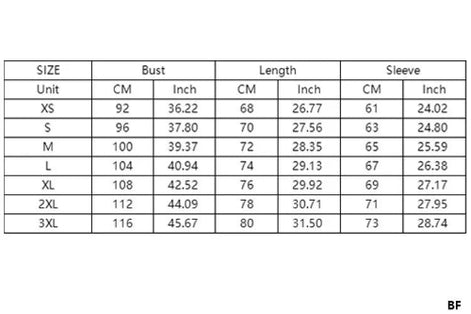 A size chart table showing measurements for sizes XS through 3XL, with columns for Bust, Length, and Sleeve in both centimeters and inches.