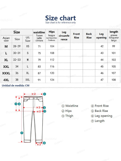 Size chart for pants with measurements in centimeters