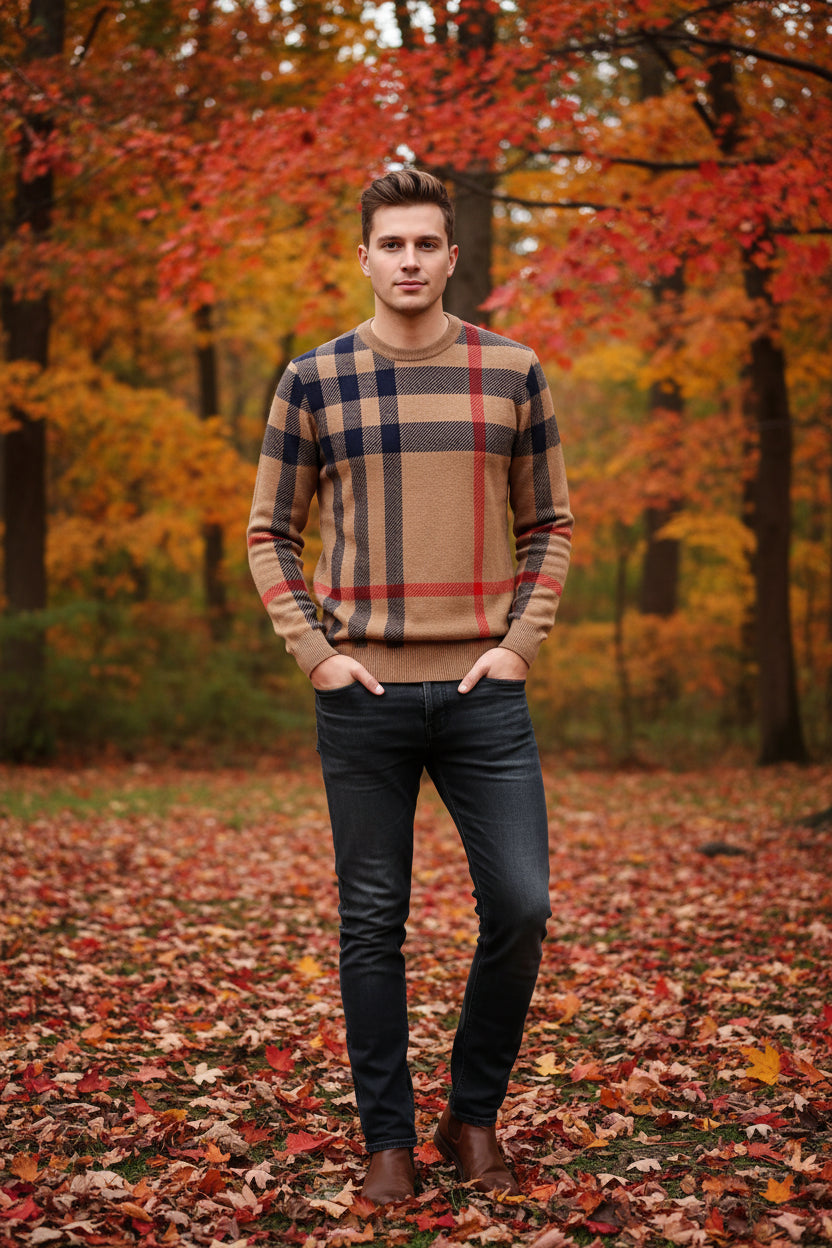 Plaid sweater with brown, red, and black pattern on a gray background