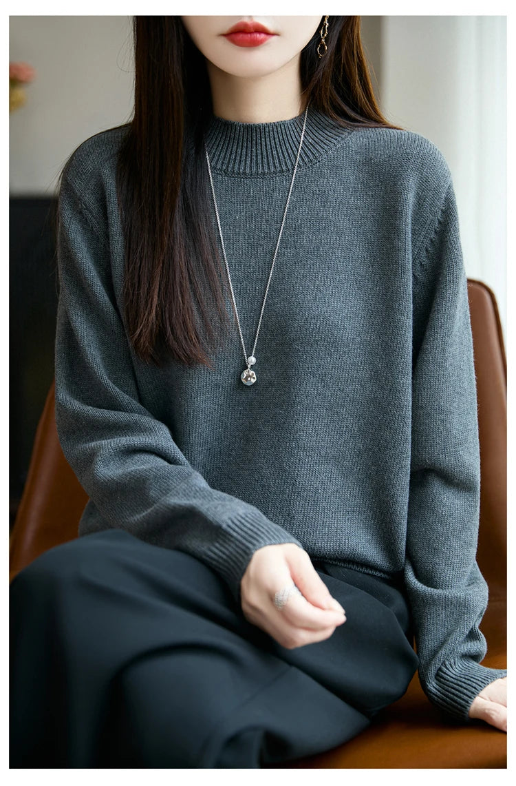 100% Pure Cotton Women's Knitted Sweater Solid Color Round Neck Pullover Loose Cotton Sweater Autumn and Winter New Women's Top