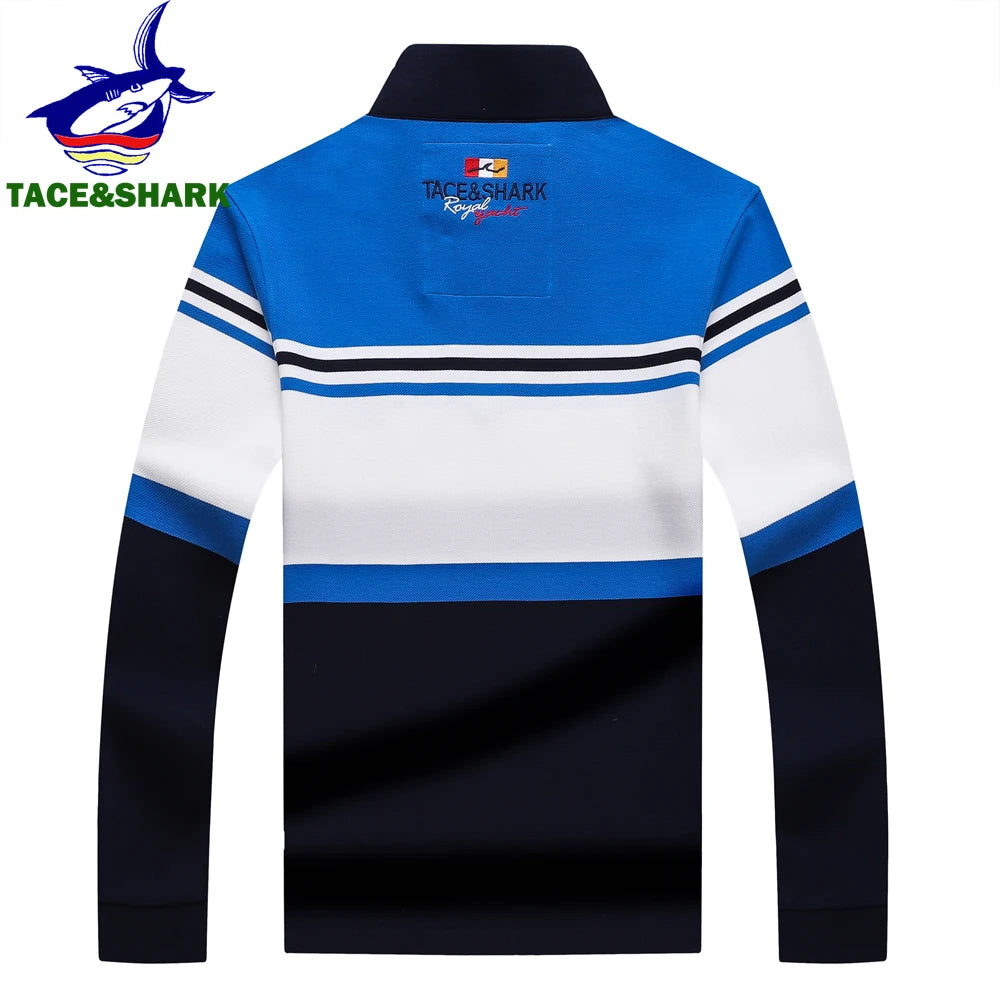 TACE&SHARK Brand Shark Fashion Men‘s Long Sleeve Stand Collar Polo Shirt Striped Breathable Cotton Casual Wear Business Style