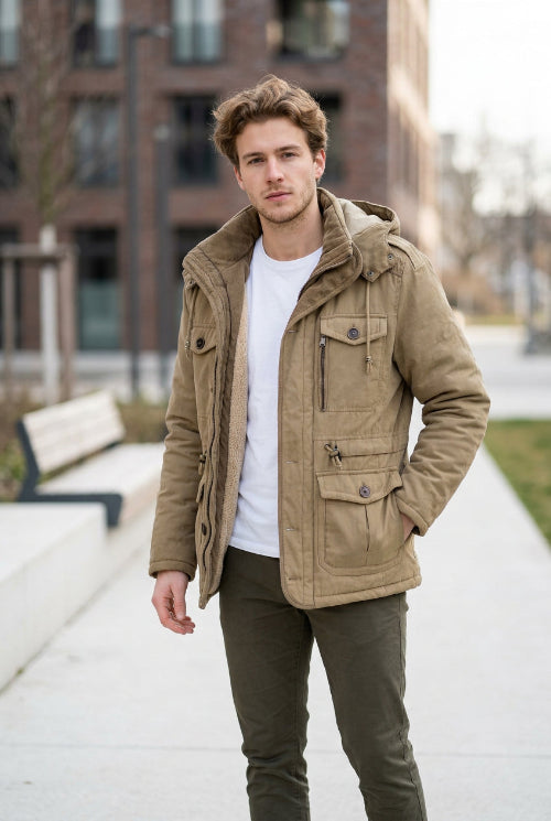 A hooded winter jacket in a warm khaki-tan color, shown open to reveal a soft fleece lining. The jacket features multiple front pockets with zippers and snaps