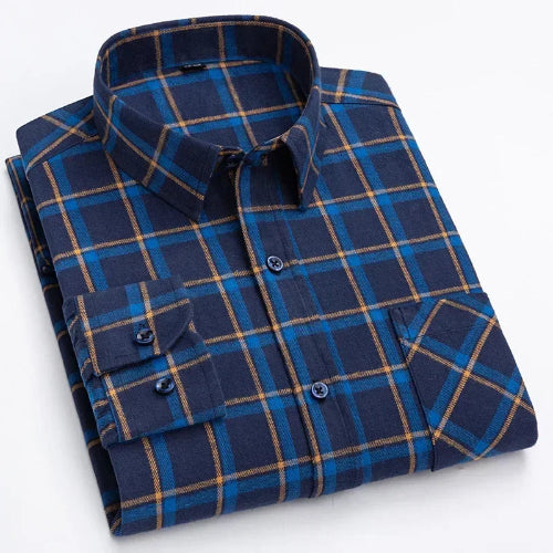 A folded long-sleeve plaid button-up shirt in navy blue with bright blue and tan grid lines, shown on a clean white background.