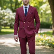 Magenta suit with gold buttons on a light gray background