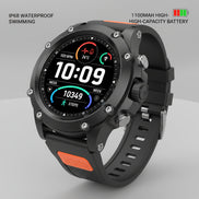 Smartwatch with black and orange band on a dark background, highlighting 