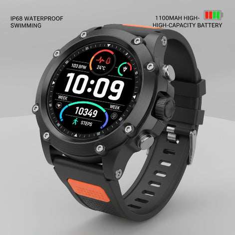 Smartwatch with black and orange band on a dark background, highlighting 