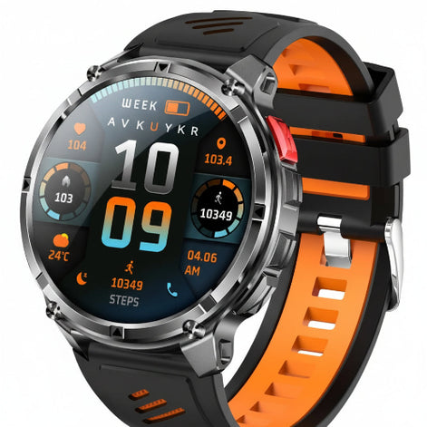 Smartwatch with black and orange band on a dark background, highlighting features like 1100mAh battery 