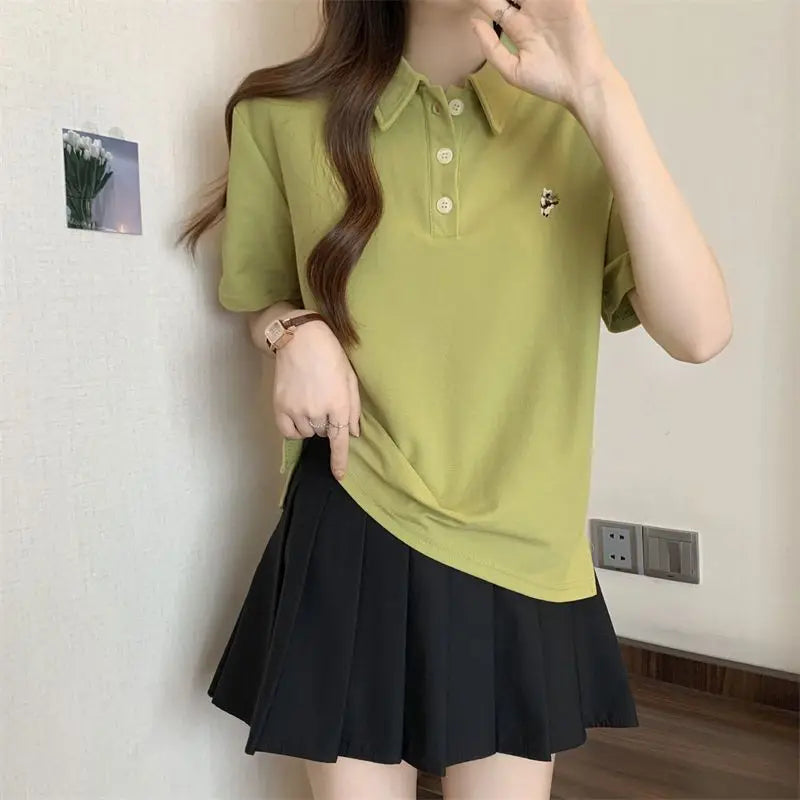 Pink Woman 100℅ Cotton Tshirt Embroidery Polo Neck T Shirt for Women Korean Clothing Y2k Fashion High Quality Youthful Elegant