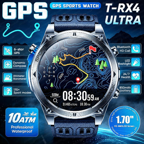A rugged GPS sports watch with a round silver-tone case, dark textured strap, and colorful topographic screen display, 