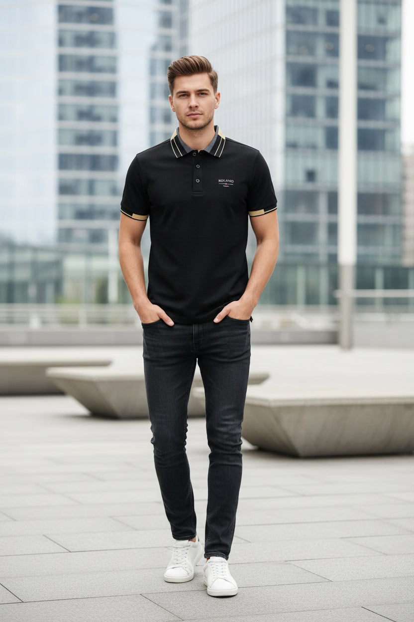 Black polo shirt with gold accents and 'Milano Italia' branding, displayed with a gold watch on a dark background.