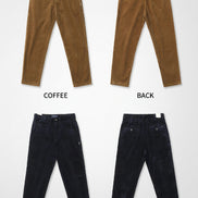 Four pairs of pants shown in a 2x2 grid on a white background, labeled with color names underneath: two brown pairs 