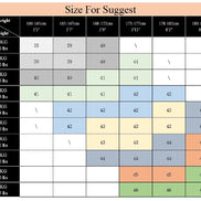 Size chart for clothing or shoes with height and weight ranges.