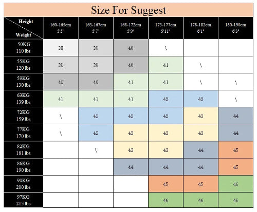Size chart for clothing or shoes with height and weight ranges.