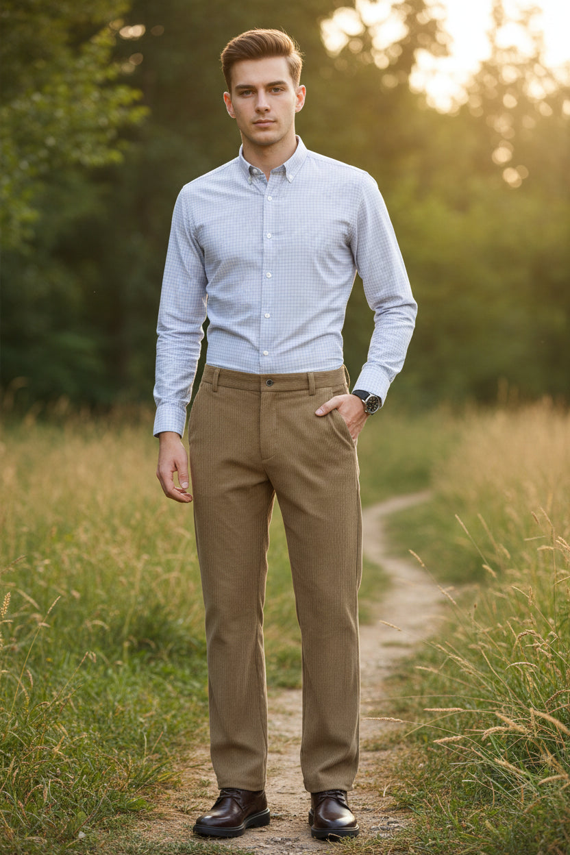 Beige pants shown from front and back on a white background