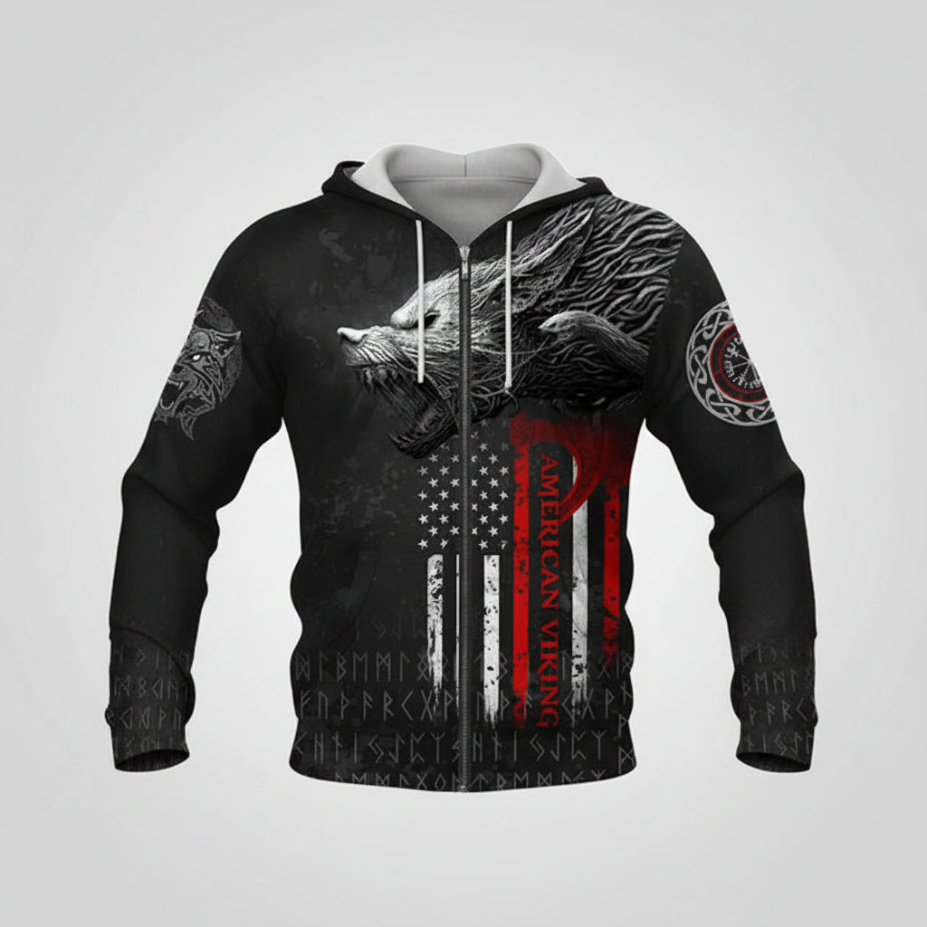 Black hoodie with wolf design and American Viking logo on a white background
