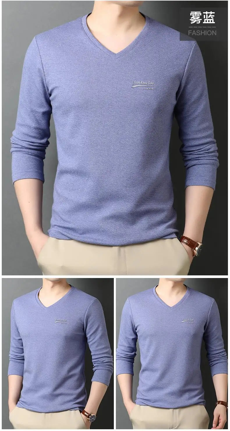 Top Quality New Fashion Brand Solid Color Plain V Neck Long Sleeve t Shirt Men Cotton Casual Men Clothes 2025