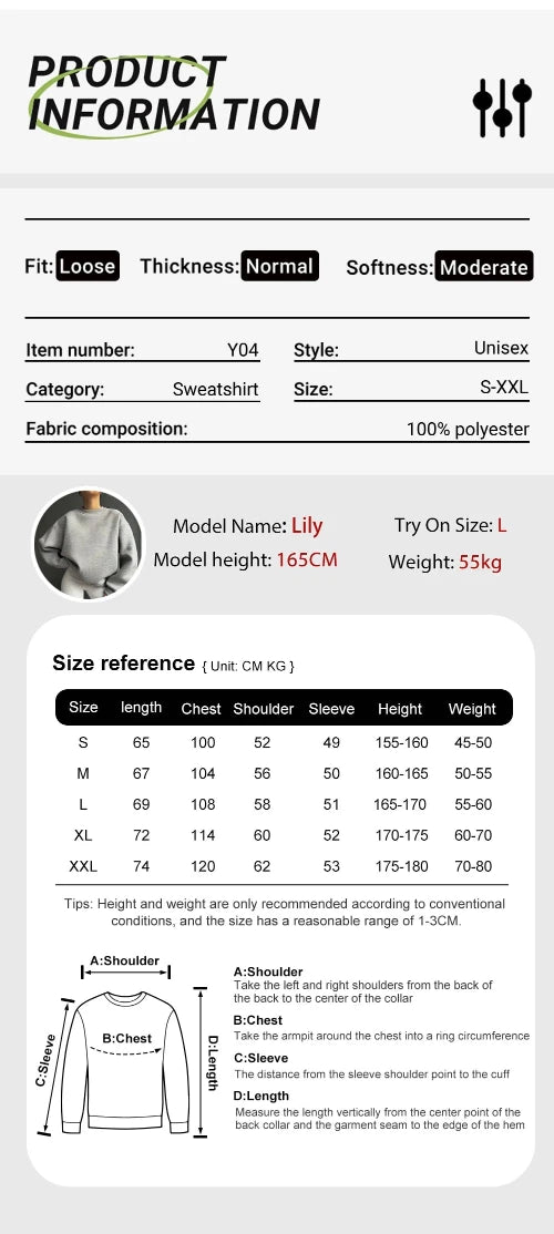 Product information card for a sweatshirt with size chart and fabric composition details.