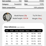 Product information card for a sweatshirt with size chart and fabric composition details.