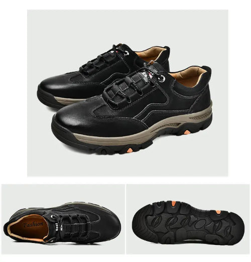 Black leather shoes with brown soles on a light gray background