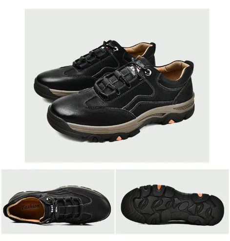 Black leather shoes with brown soles on a light gray background