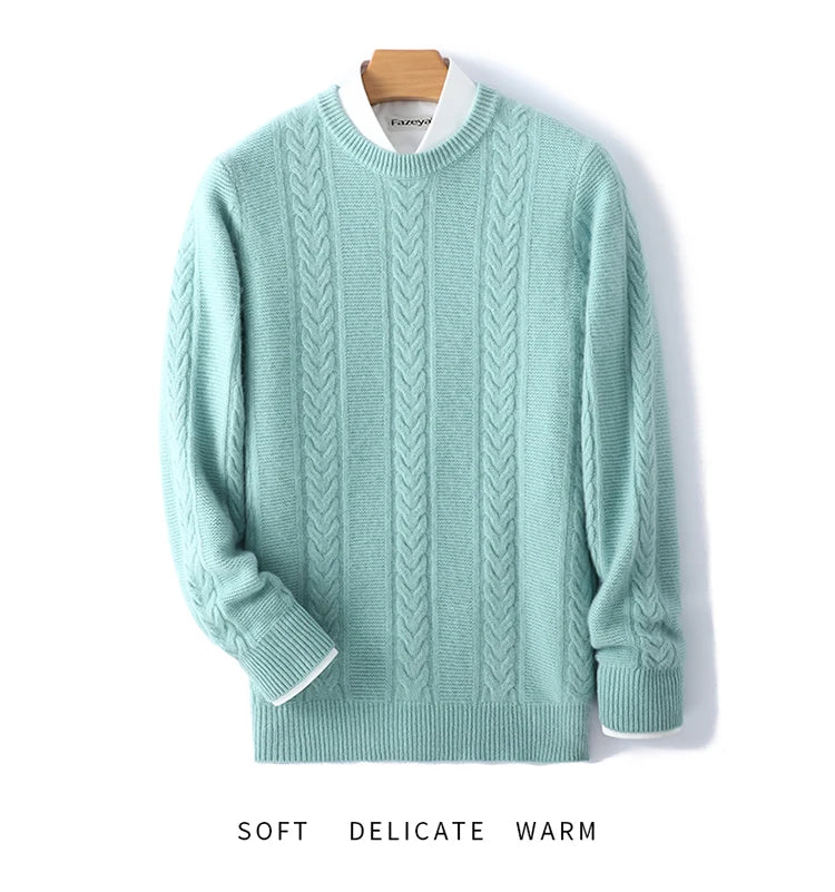 Light blue sweater on a wooden hanger with 'soft', 'delicate', and 'warm' text below.