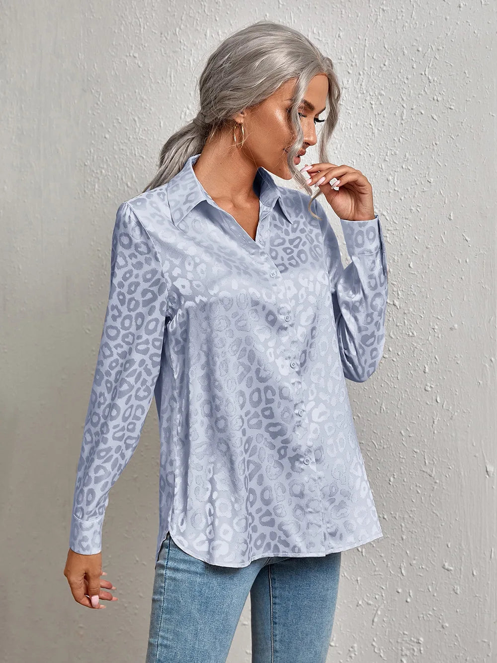 Women Leopard Print Luxury Blouse Spring Summer Long Sleeve Lapen Vintage Button Up Shirt Office Lady Satin Tunics Harajuku Top