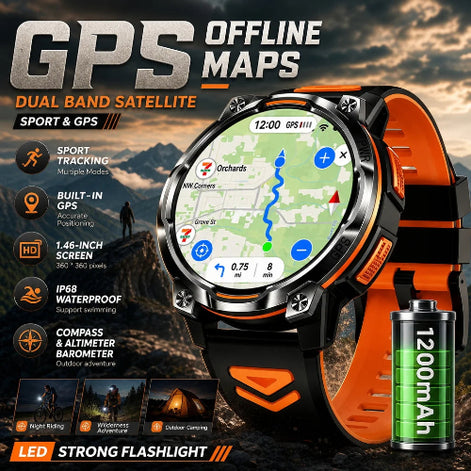 An orange and black rugged GPS watch with a digital display, shown with marketing text, feature icons, small lifestyle inset 